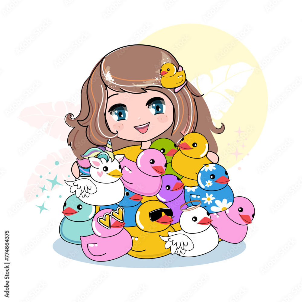 Naklejka premium Beautiful summer little girl with cute colorful rubber ducks on a white background. Cartoon vector illustration for kids