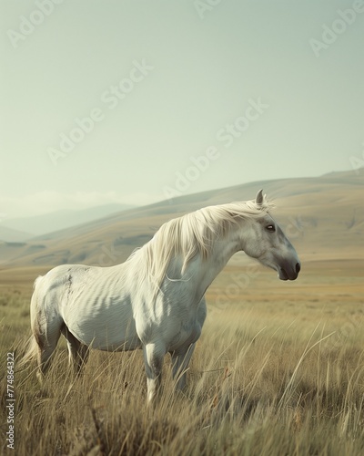 White horse  soft pastel colors  minimalism  sky blue background  serenity and calm  photography  long white mane  green grassy field with distant mountains  ethereal  dreamlike atmosphere