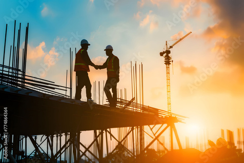 Silhouette of a construction worker and team working together on a building site at sunset with a warm sky background.