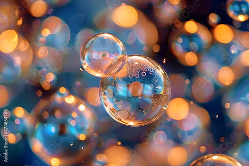 a bunch of bubbles floating on top of each other in front of a blurry background of gold and blue.