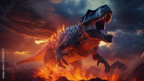 Dinosaur in fire flame in a burning forest. Photorealistic. photo
