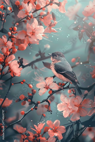 Bird Perched on Flowering Tree Branch