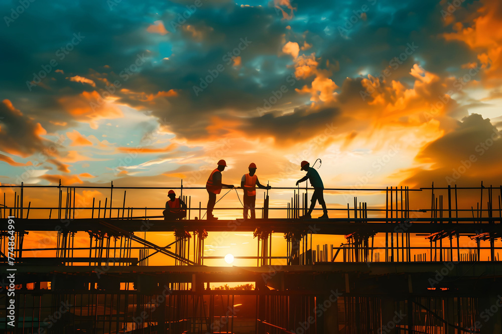 Silhouette of a construction worker and team working together on a building site at sunset with a warm sky background. Silhouette of a construction worker and team working together on a building site at sunset with a warm sky background.