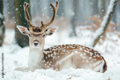 Deer Laying in Snow in Woods