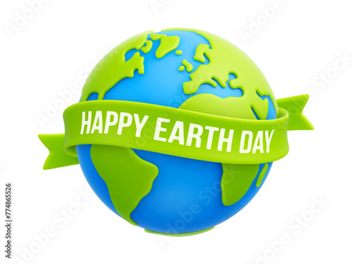 Cartoon planet Earth and green ribbon with "Happy Earth Day" text. Earth day or environmental protection, save our green planet, save the Earth concepts. 3d eco friendly design. Vector illustration