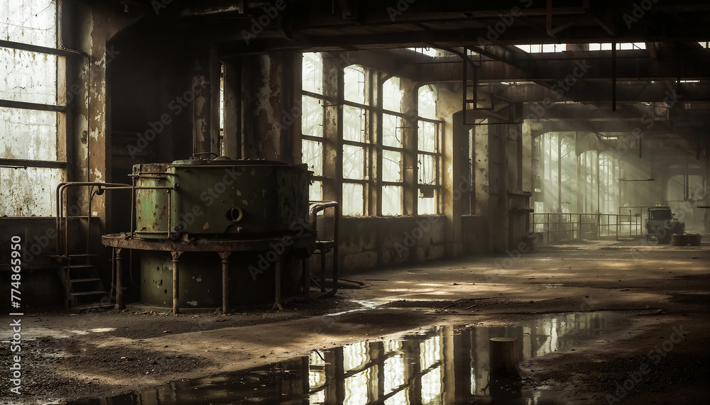 Fototapeta premium Très belle ambiance, une usine désaffectée, joli jeu de lumière avec la verrière et les fenêtres, flaque d'eau et réflexions lumineuses, vieille machine rouillée, saleté