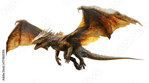 Powerful dragon flying in sky isolated on white background.