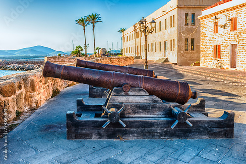 Disused cannons on the historic ramparts in Alghero, Sardinia, Italy