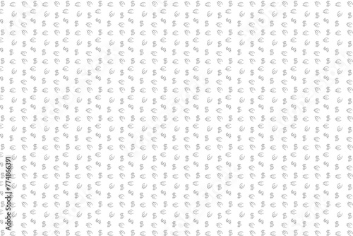 Seamless abstract pattern. Primitive small drawing of dollar and euro. Fantasy ornament. Light gray on a white background. Flyer design, advertising background, fabric, clothing.