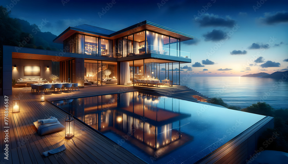 A twilight scene featuring a luxurious seaside villa with a modern aesthetic. The structure has large glass walls and sleek wooden frames