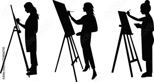 female artists draw on an easel silhouette on a white background vector