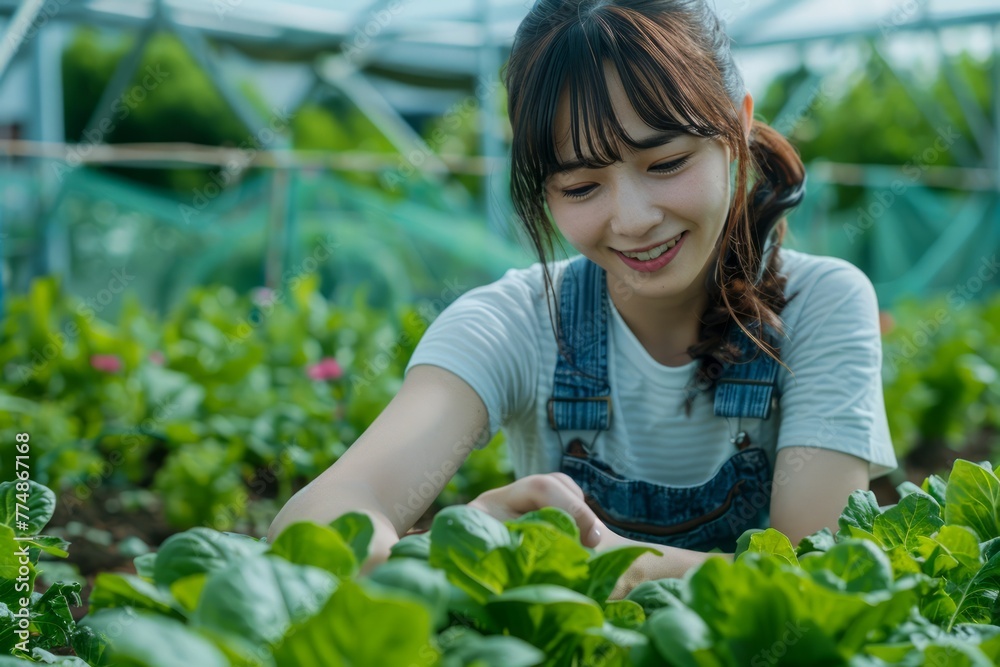 Smiling Young Woman in Overalls Tending to Lettuce Plants in Sunny Greenhouse Environment Smiling Young Woman in Overalls Tending to Lettuce Plants in Sunny Greenhouse Environment