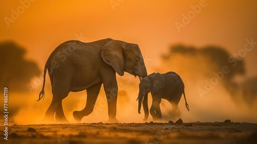 Elephant Mother and Calf in Golden Sunset, African WIld Animals Against Dusk Sky