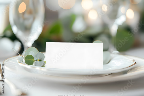 Wedding blank white place cards mockup. Place card  template on the plate and wedding table.