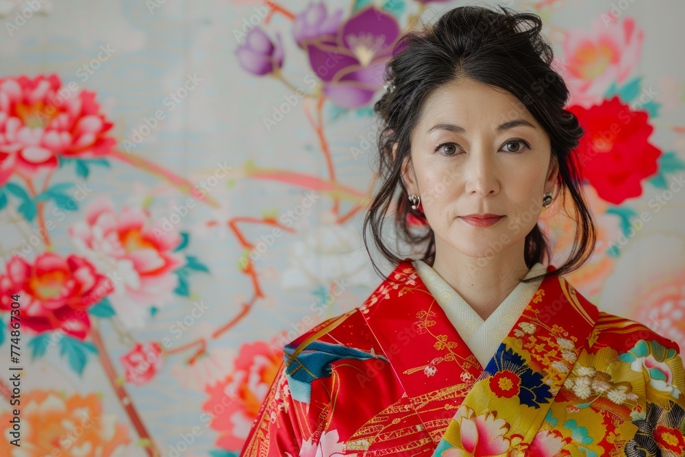 Elegant Woman in Traditional Japanese Kimono Standing Against Floral Background, Cultural Beauty Portrait Elegant Woman in Traditional Japanese Kimono Standing Against Floral Background, Cultural Beauty Portrait