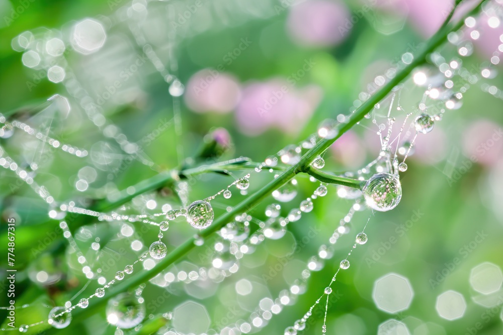 Fresh Morning Dew on Gossamer Threads, Soft Dewdrops on Nature Backdrop