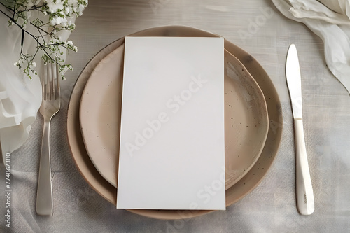 White wedding menu template lying on a ceramic plate with some floral decor. Wedding menu mockup.