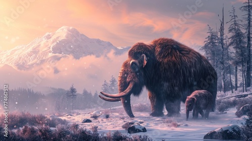 Mammoth walking in snow field with its cub in freezing winter at sunrise.