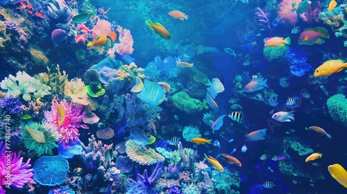 Vibrant Sealife, Reef Fish Swimming Amongst Coral Polyps © leftmade
