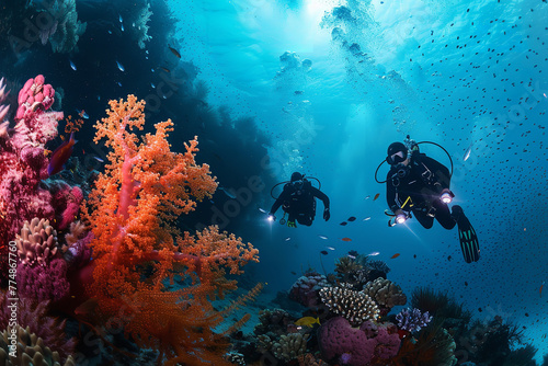 Divers exploring an underwater coral reef  marveling at the vibrant marine life and the quiet of the ocean depths