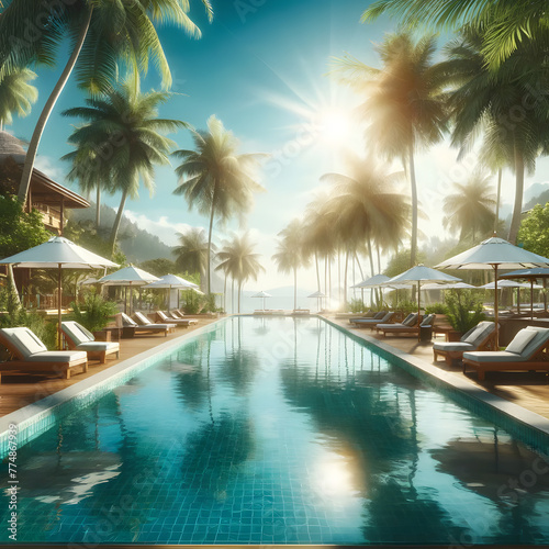 A luxurious tropical resort pool area. The scene is set against a backdrop of a clear blue sky and lush palm trees that sway gently