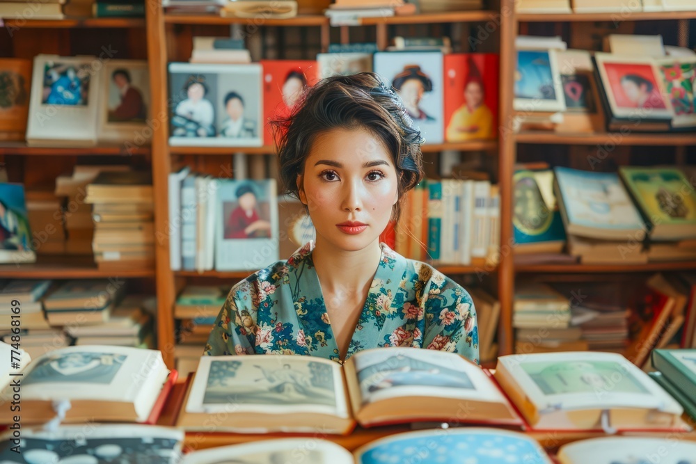 Young Woman Contemplating Surrounded by Open Books in a Cozy Library with Shelves of Colorful Books Young Woman Contemplating Surrounded by Open Books in a Cozy Library with Shelves of Colorful Books