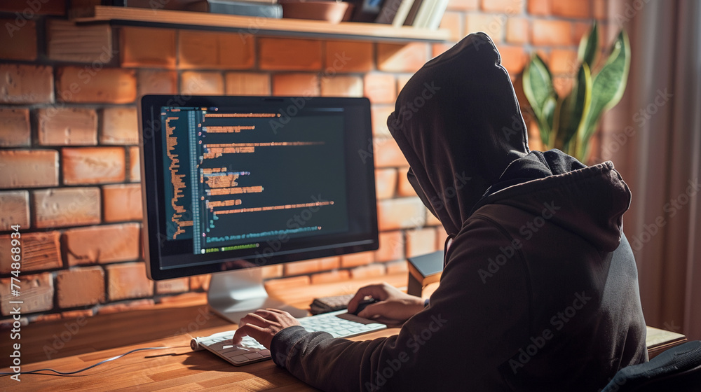 Hooded cyber criminal using computer in dimly lit room. Cybercrime, phishing, fraud on the Internet