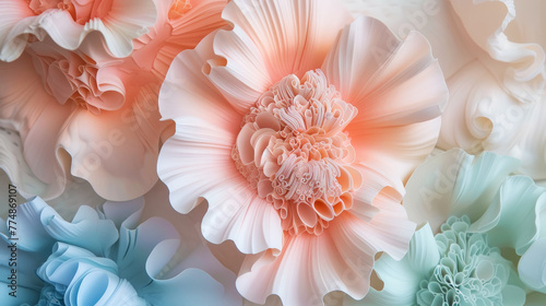 The flowers, reminiscent of sculpture. In pastel pink and blue tones. Abstract trendy background. Generative AI