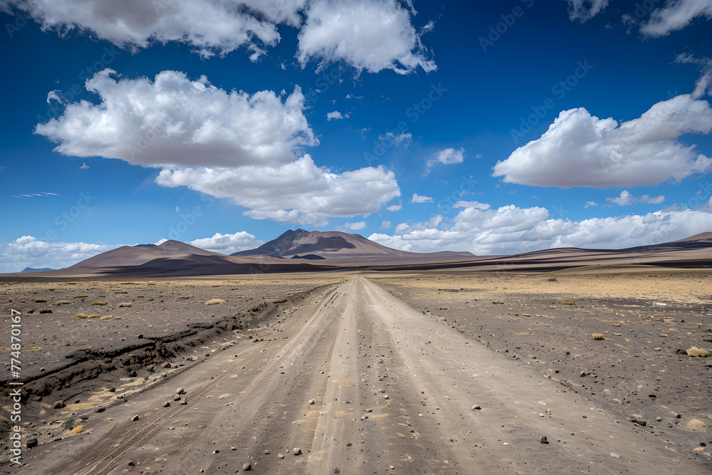 a dirt road in the middle of a desert with a mountain in the distance and a blue sky with puffy white clouds in the middle of the top of the picture.