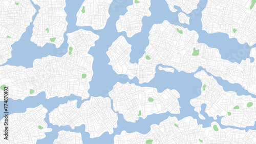 Huge abstract map of towns. Parks, watercourse, water flow, blue river on white background road map. Vector illustration, detailed silhouette