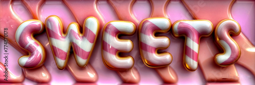 3d illustration render of word text SWEETS in pink and white candy letters, surrounded by a background of flowing pink and white liquid candy