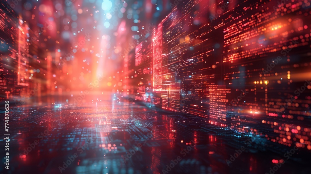Dive into the depths of a cyber data tunnel with a matrix of red code lines, depicting data flow and connectivity..
