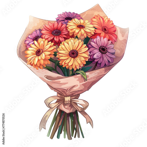 inflorescenceGerbera DaisyMany flowers beautifully wrapped in paper neatly arranged With a luxurious ribbon tied on the floor.cartoon 2D  illustration png © wilaiwan