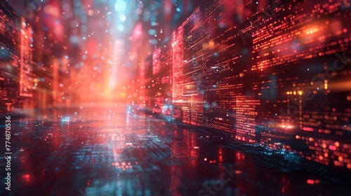 Dive into the depths of a cyber data tunnel with a matrix of red code lines, depicting data flow and connectivity..