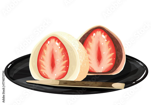 お盆にのせた苺大福　2つ　黒あん白あんセット　菓子切つき