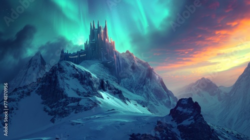 A lonely medieval castle fortress on mountain top with majestic view of snow mountain and beautiful aurora northern lights in night sky in winter. © Joyce