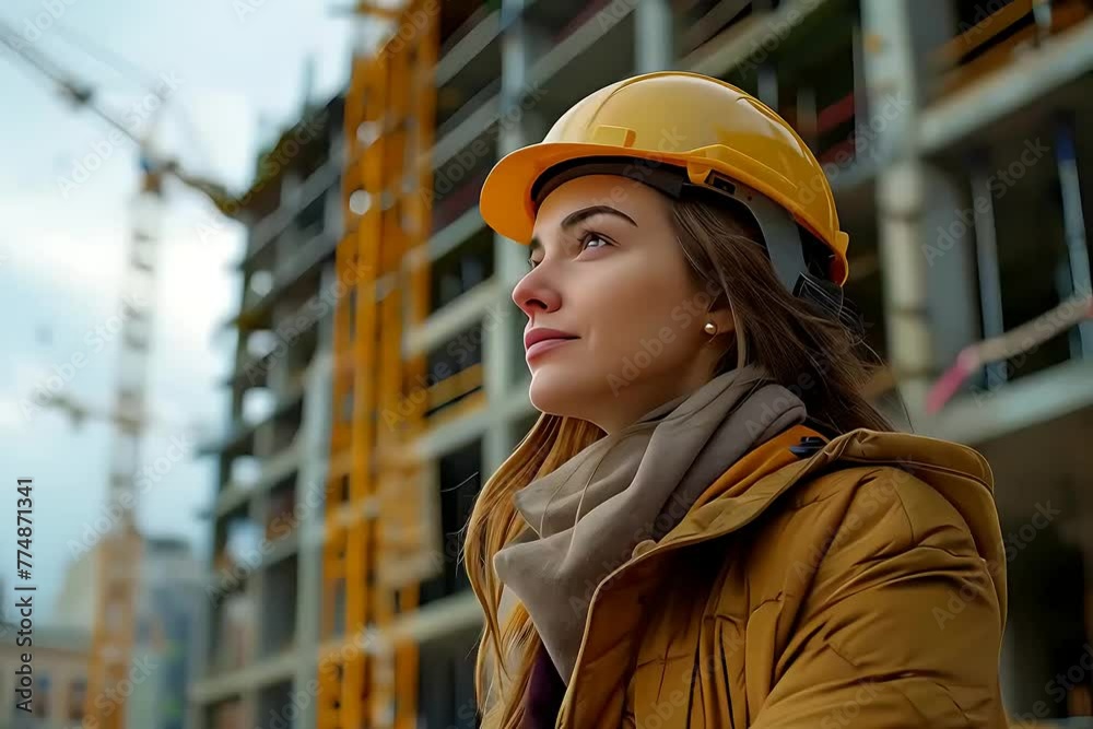 A woman in a hard hat is standing in front of a building, potentially overseeing construction or maintenance work. A woman in a hard hat is standing in front of a building, potentially overseeing construction or maintenance work.