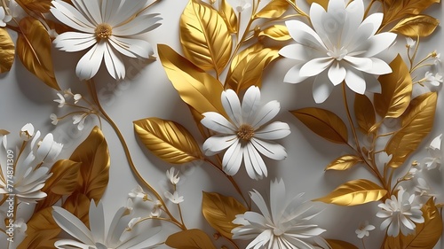 3D render of a flowery and botanical wallpaper with golden leaves and white paper flowers on an abstract background
