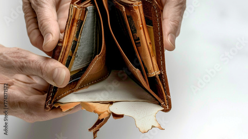 A pair of hands holding a frayed and empty wallet open, the white background accentuating the concept of financial emptiness. photo