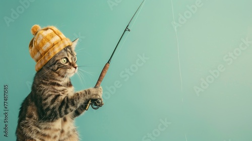 Cat wearing knitted hat stands on hind legs, holding fishing rod against teal background