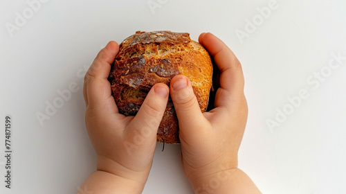Close-up of a child's hands clasping a small, stale piece of bread, a stark representation of hunger on a white backdrop.