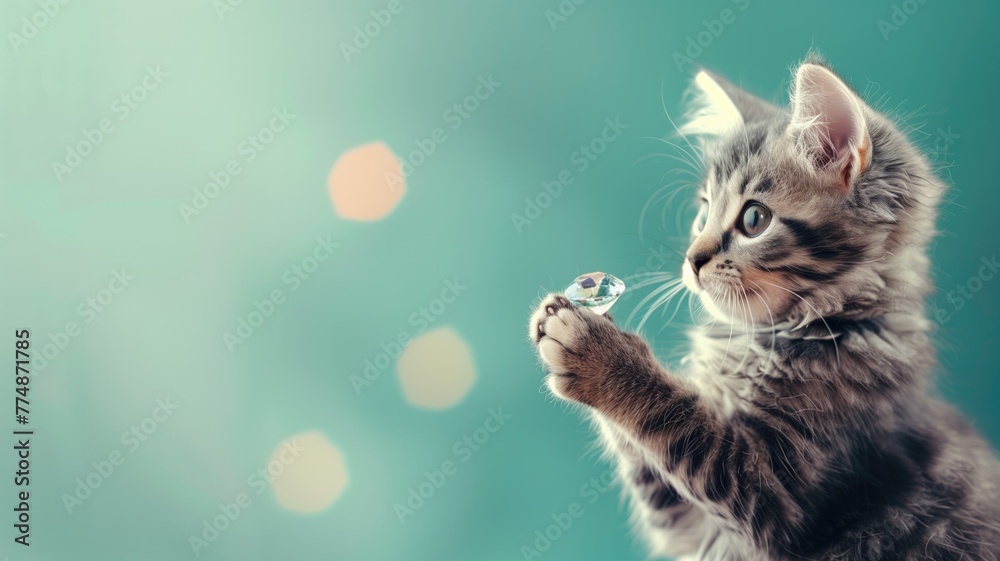 Obraz premium Fluffy gray kitten with wide eyes looks fascinated by sparkling clear gem it is gently touching its paw