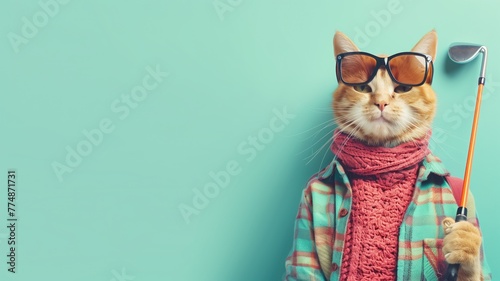 Stylish cat wearing sunglasses, scarf, and checkered outfit holds golf club against teal background