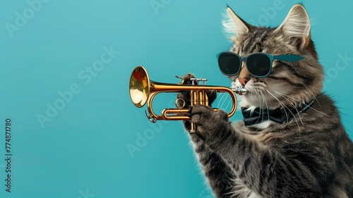 Stylish cat wearing sunglasses plays golden trumpet against blue background photo