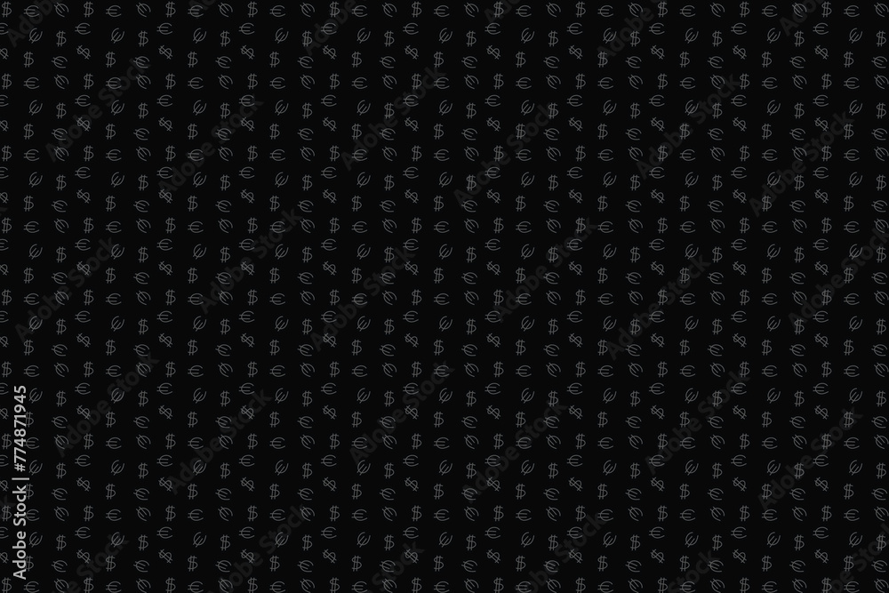 Seamless abstract pattern. Primitive small drawing of dollar and euro. Fantasy ornament. Dark gray on black background. Flyer design, advertising background, fabric, clothin