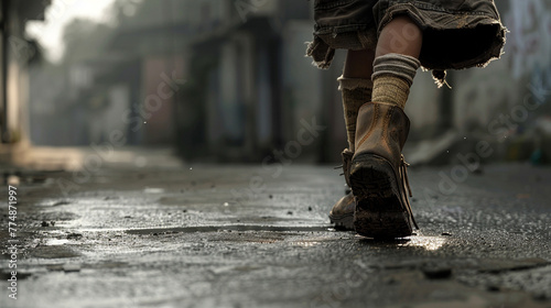 A solitary figure of a poor woman walking down an empty street, wearing one boot and a tattered sock on the other foot, her stride reflecting a mix of resilience and despair amidst poverty. photo