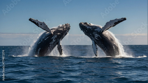 A pair of humpback whales breaching the surface of the ocean in a spectacular display.
