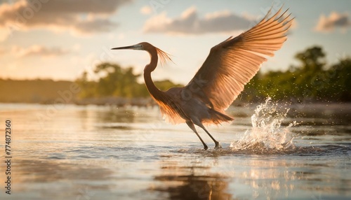 beautiful reddish egret dances in shallow water while hunting © Claudio