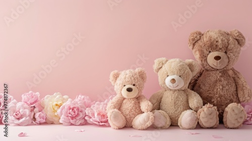 cute kids girl boy plush teddy bears, pink background, copy and text space, 16:9