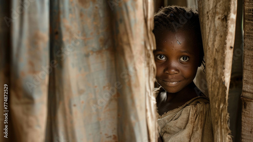 A shy African girl peeking from behind a makeshift curtain, her clothes worn and faded, a tentative smile hiding the hardships of poverty. photo